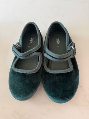 Zara Kids Dark Teal Velvet Mary Jane Shoes